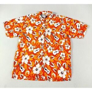 Just Cruising Shirt Mens XL Orange Hibiscus Guitar Hawaiian Aloha Rayon Beach